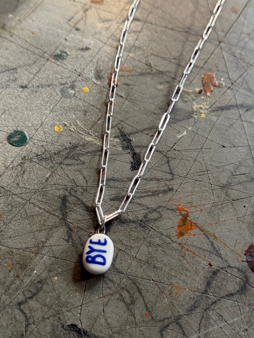 OK Bye Pendant Necklace, handmade in White Porcelain: 18" silver paperclip