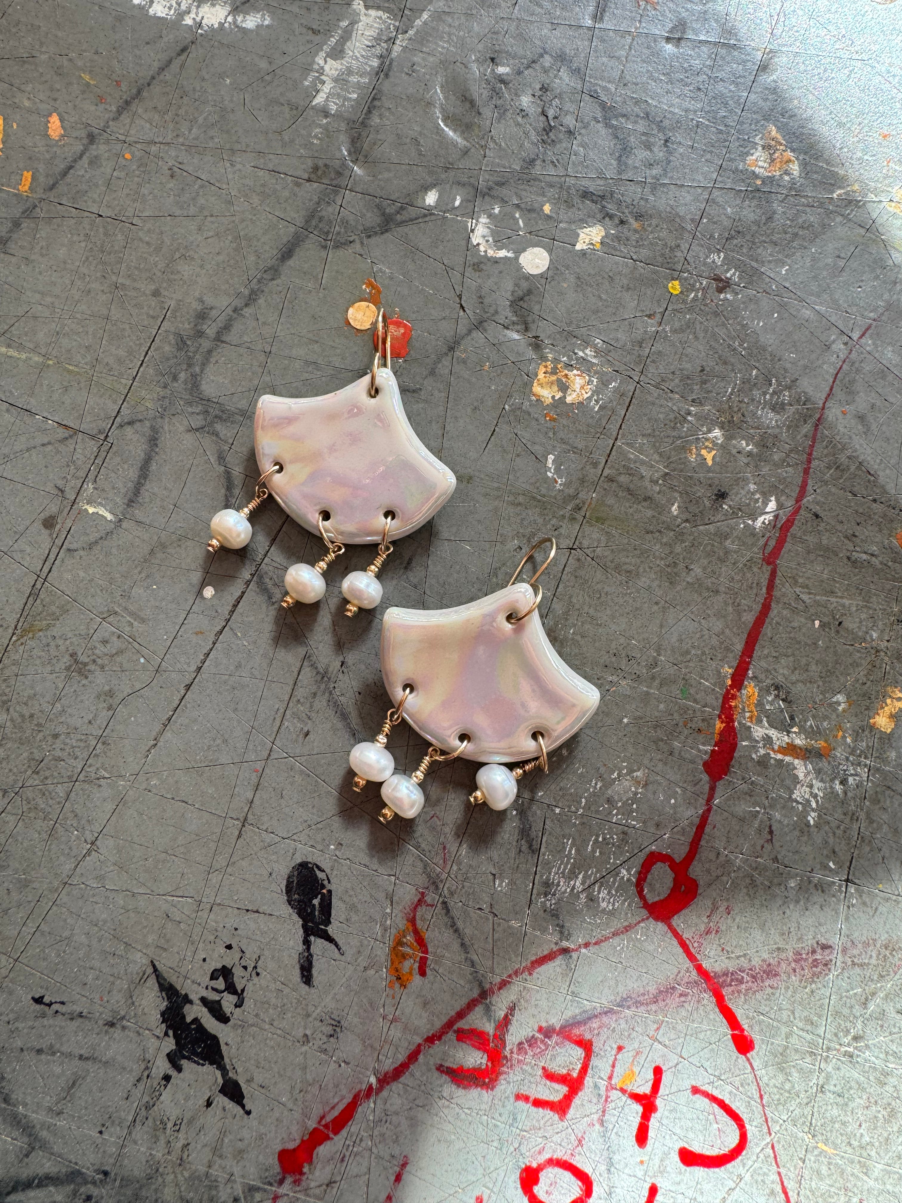 Petra Beaded Porcelain Earrings - Handmade: Mother of pearl