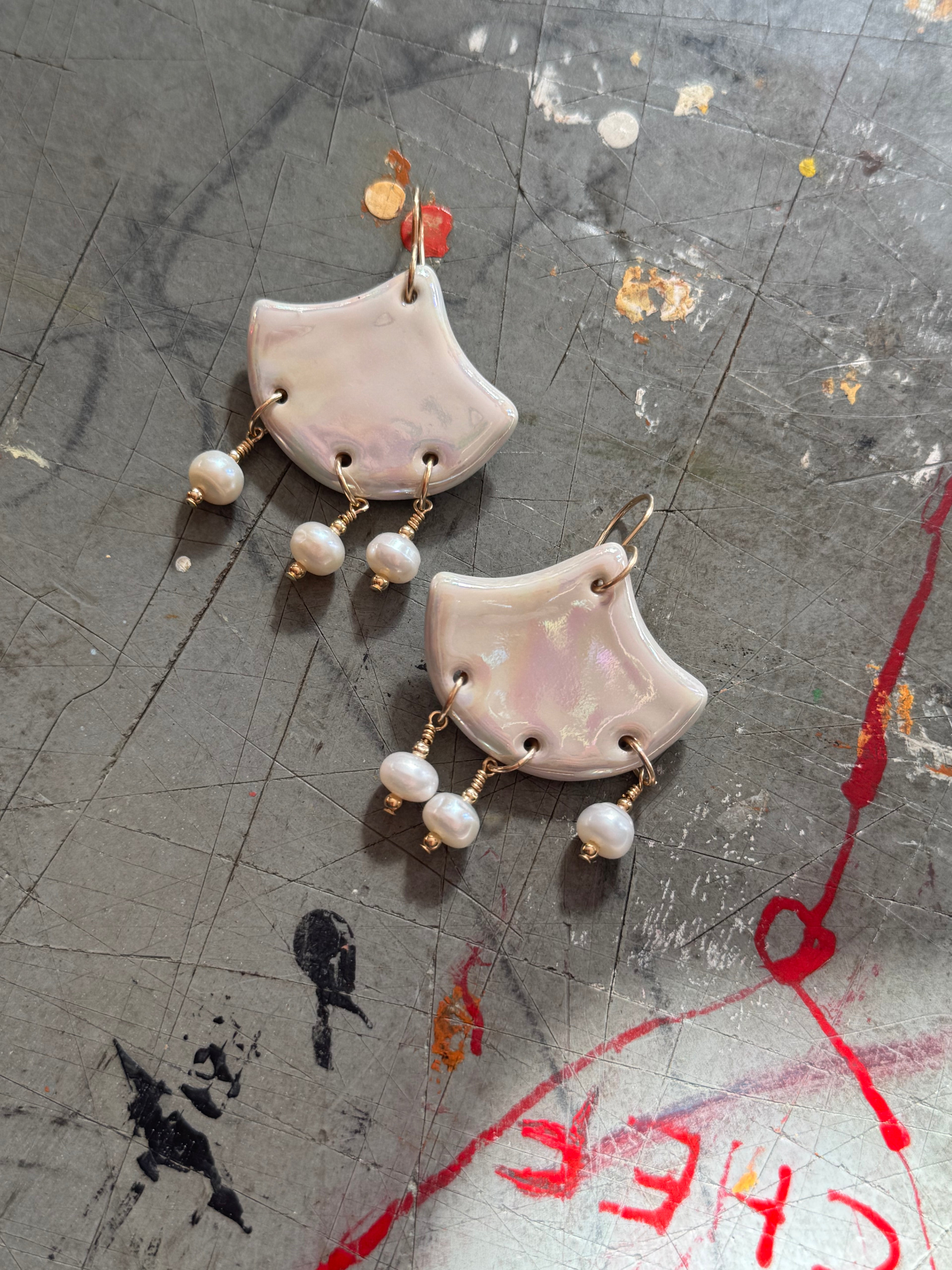 Petra Beaded Porcelain Earrings - Handmade: Mother of pearl