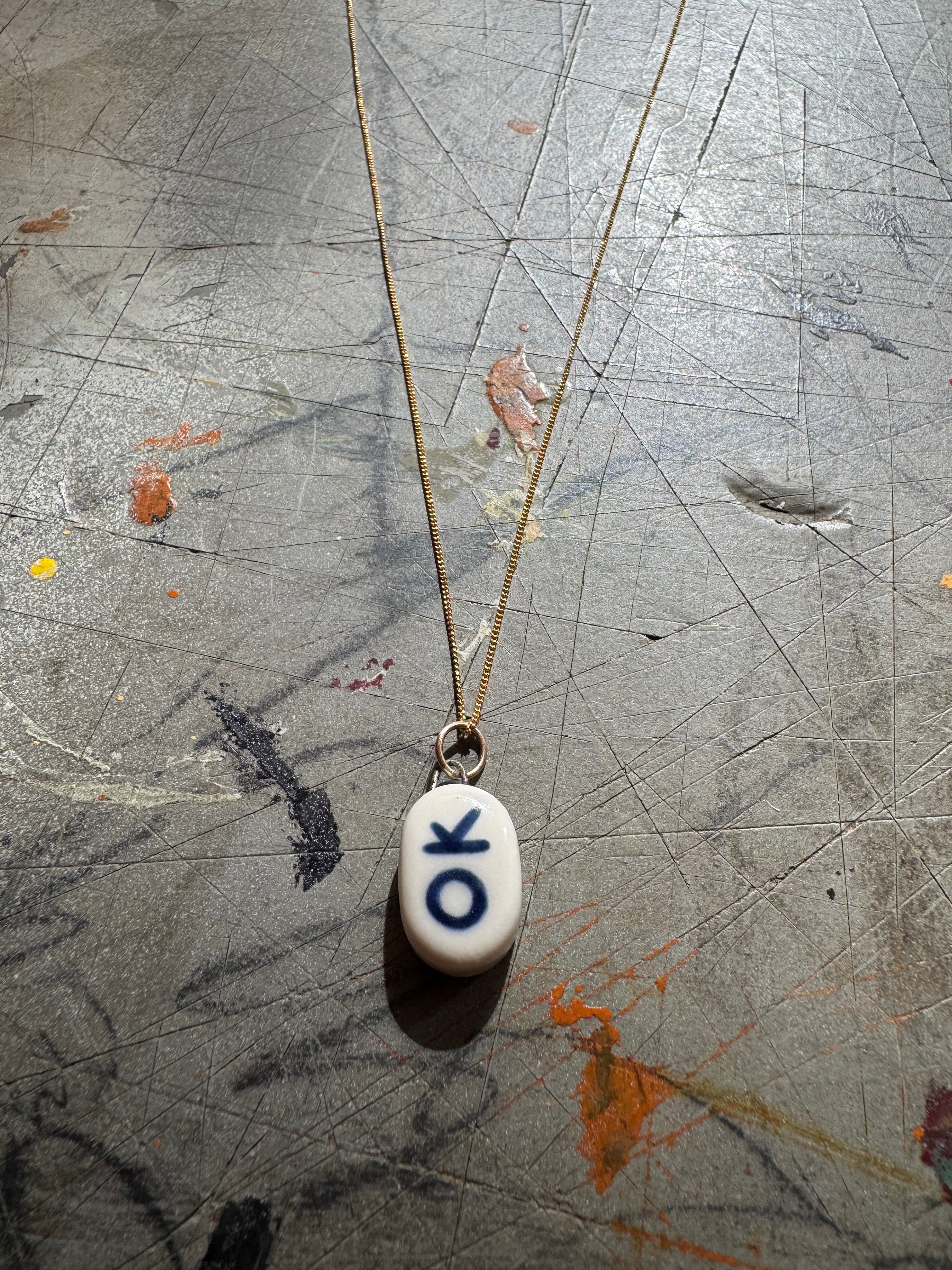 White Porcelain OK Bye Pendant Necklace with Fine Chase Chain