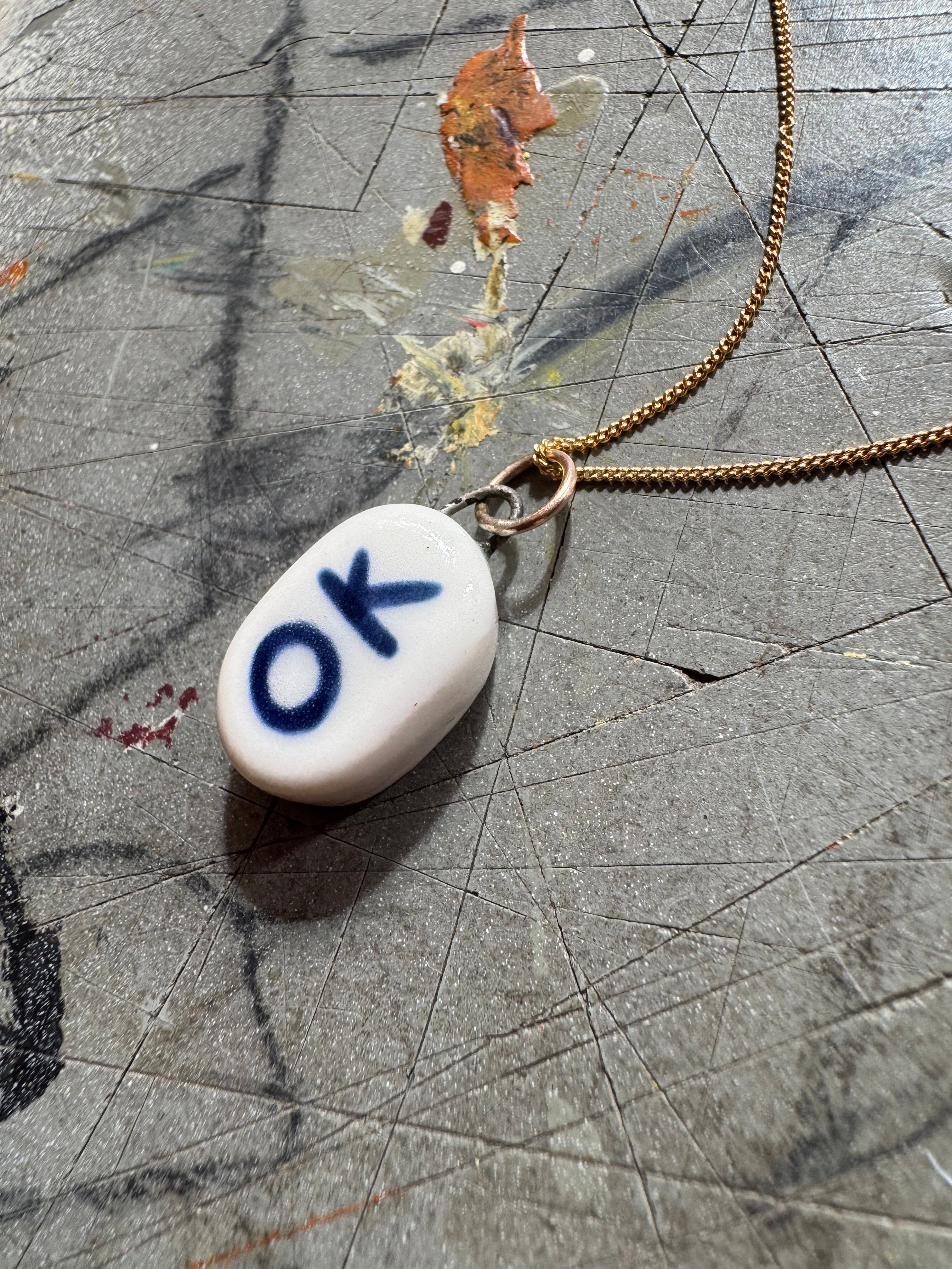 White Porcelain OK Bye Pendant Necklace with Fine Chase Chain