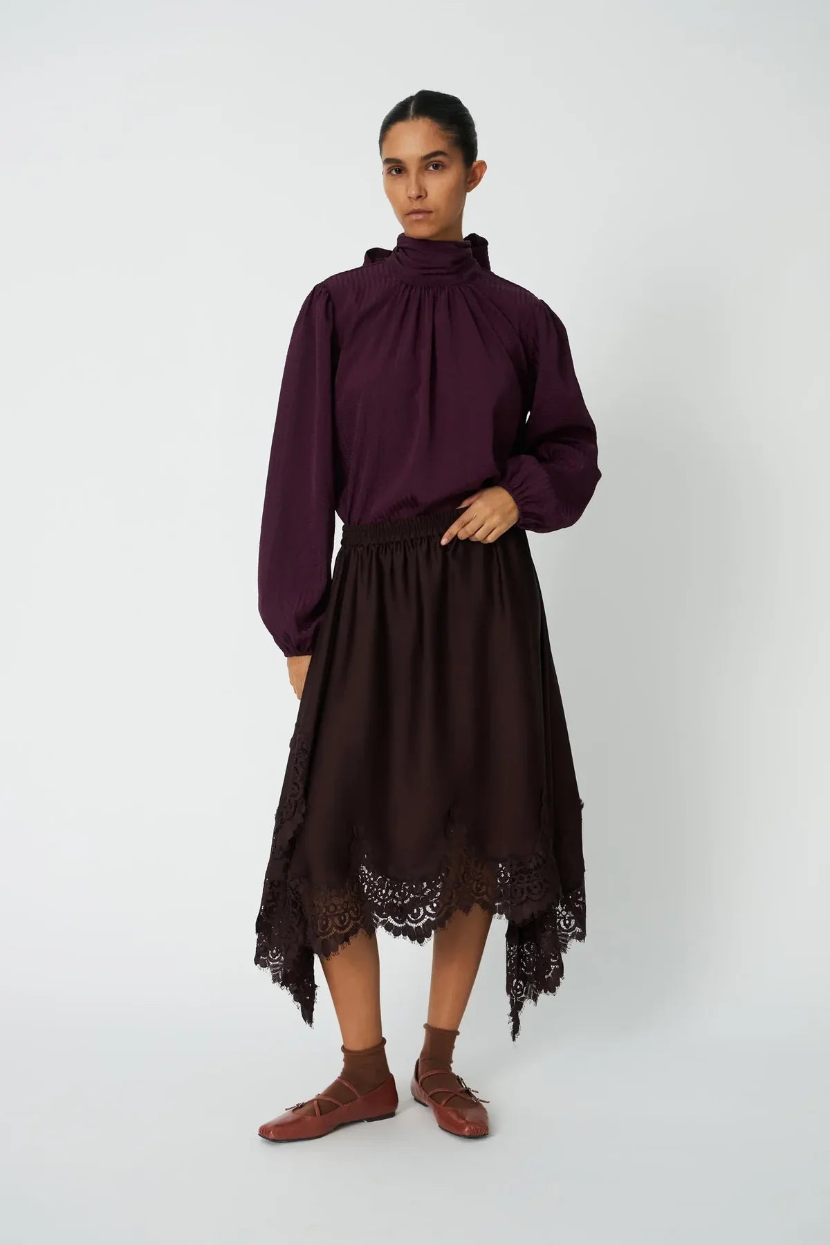 Dark Brown Asymmetric Lace Skirt