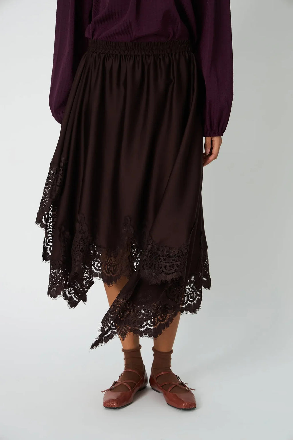 Dark Brown Asymmetric Lace Skirt
