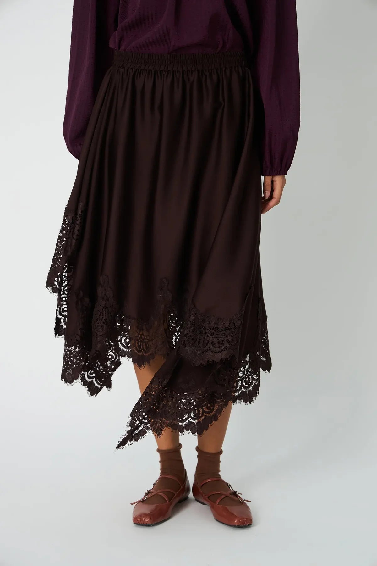Dark Brown Asymmetric Lace Skirt