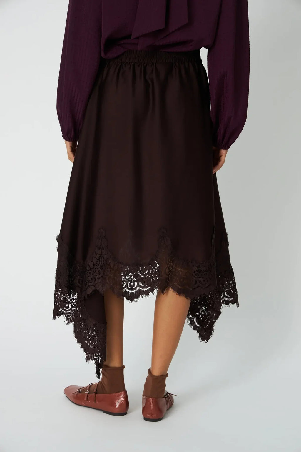 Dark Brown Asymmetric Lace Skirt