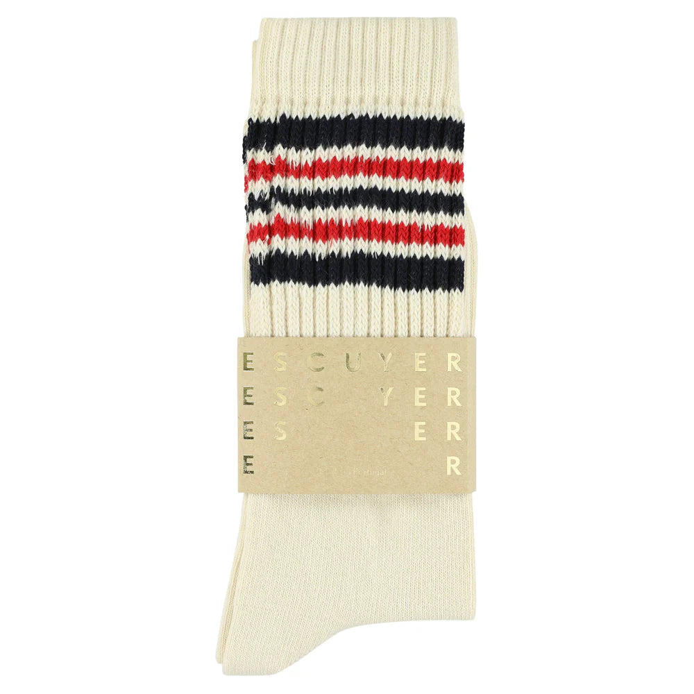 Men’s Ecru, Blue & Red 5 Stripe Socks