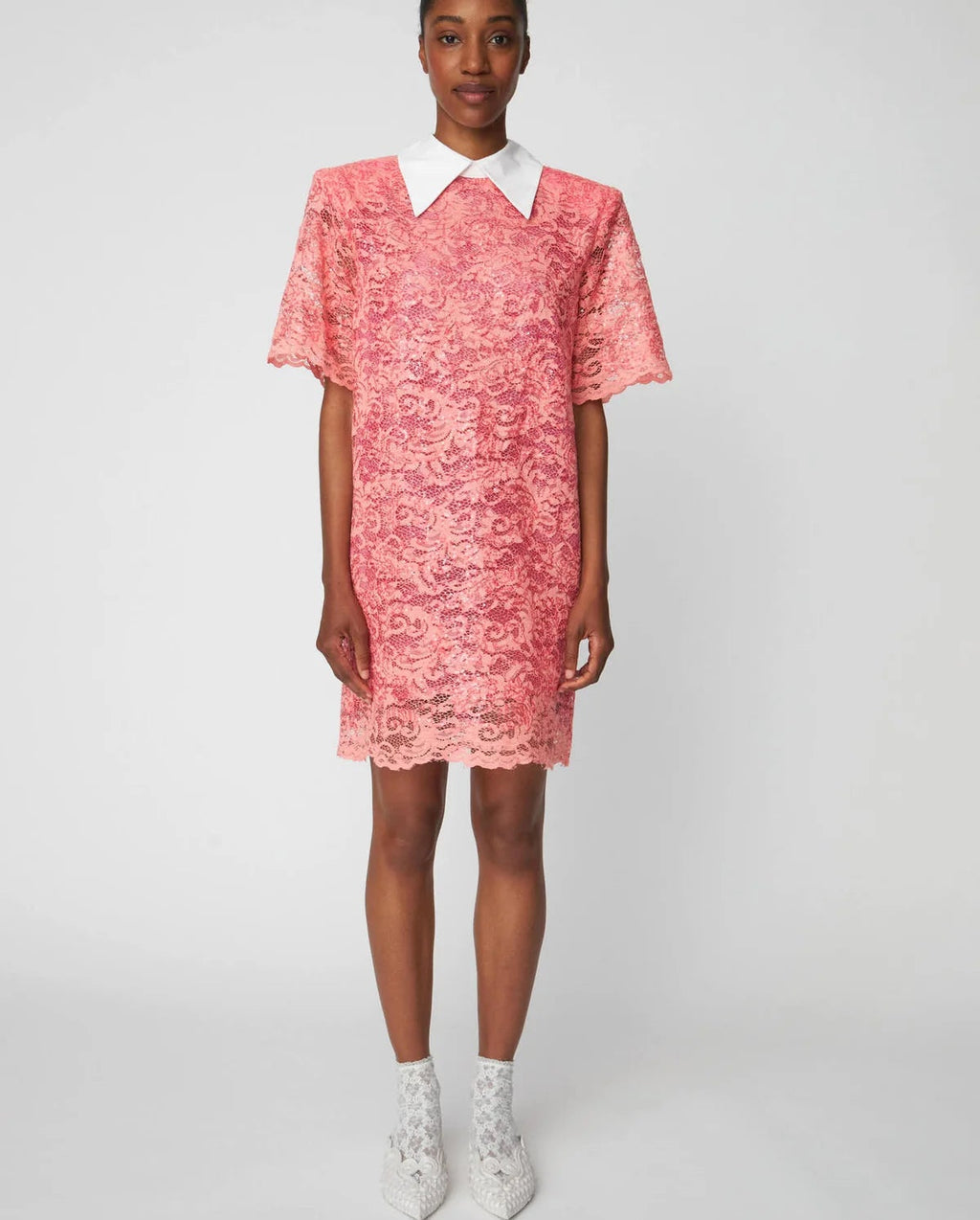 Pink Sequined Lace Shirt Dress