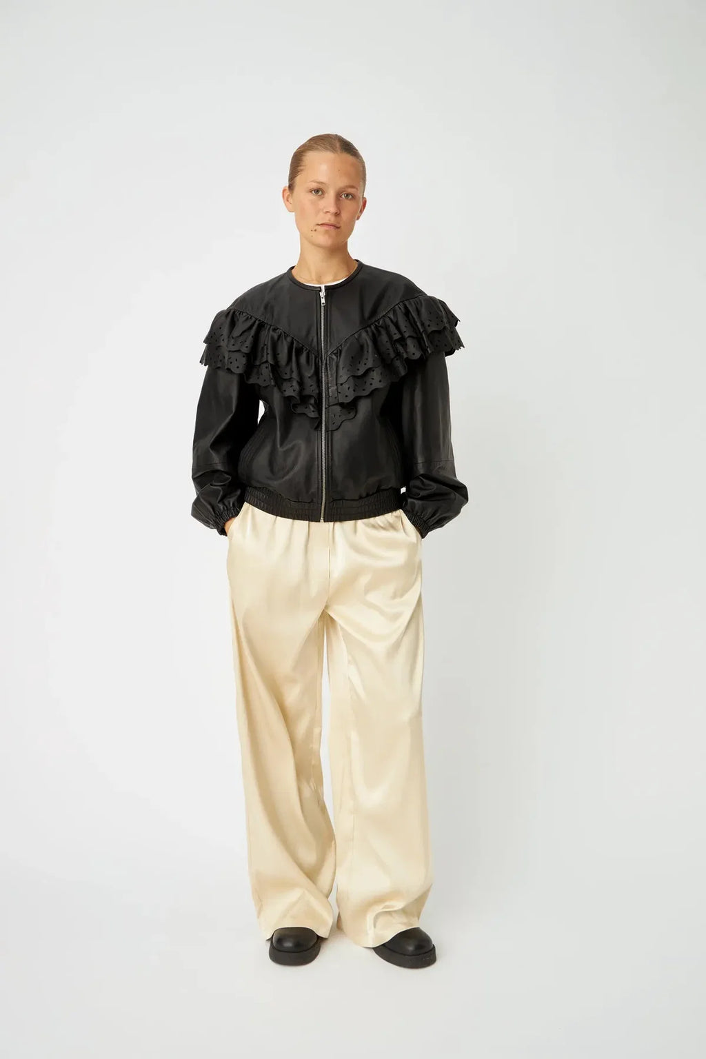 Black Jodi Leather Frill Jacket