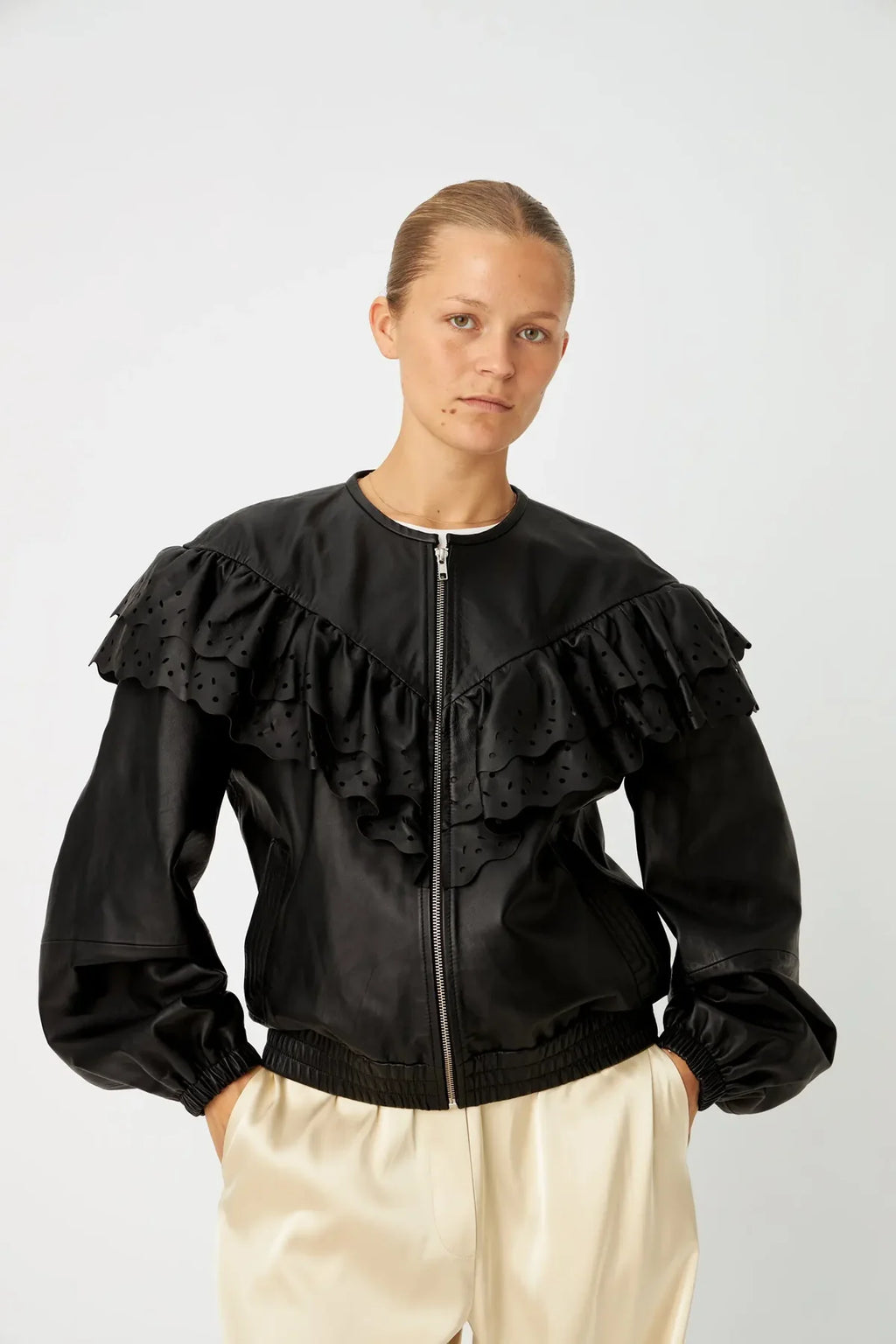 Black Jodi Leather Frill Jacket