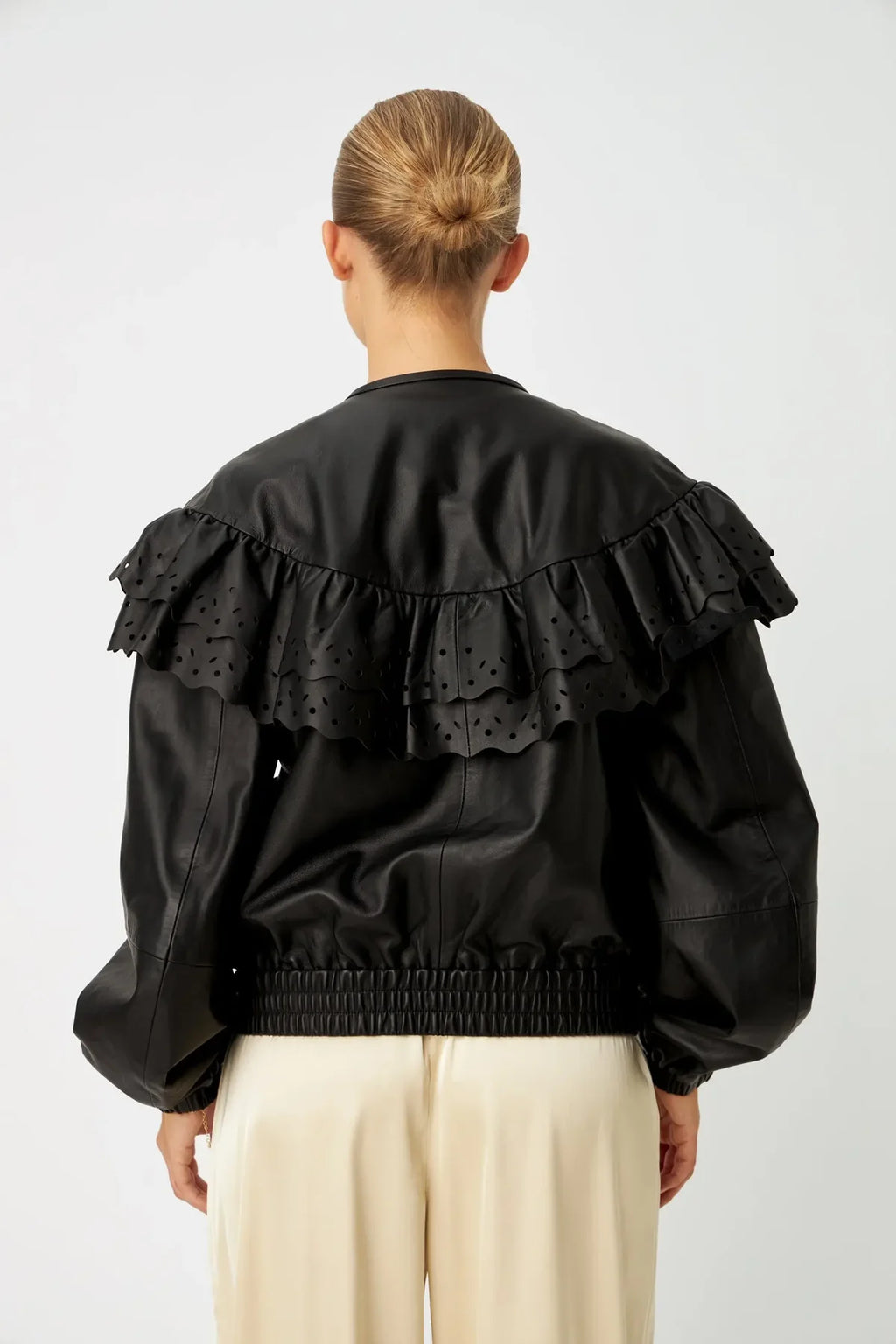 Black Jodi Leather Frill Jacket