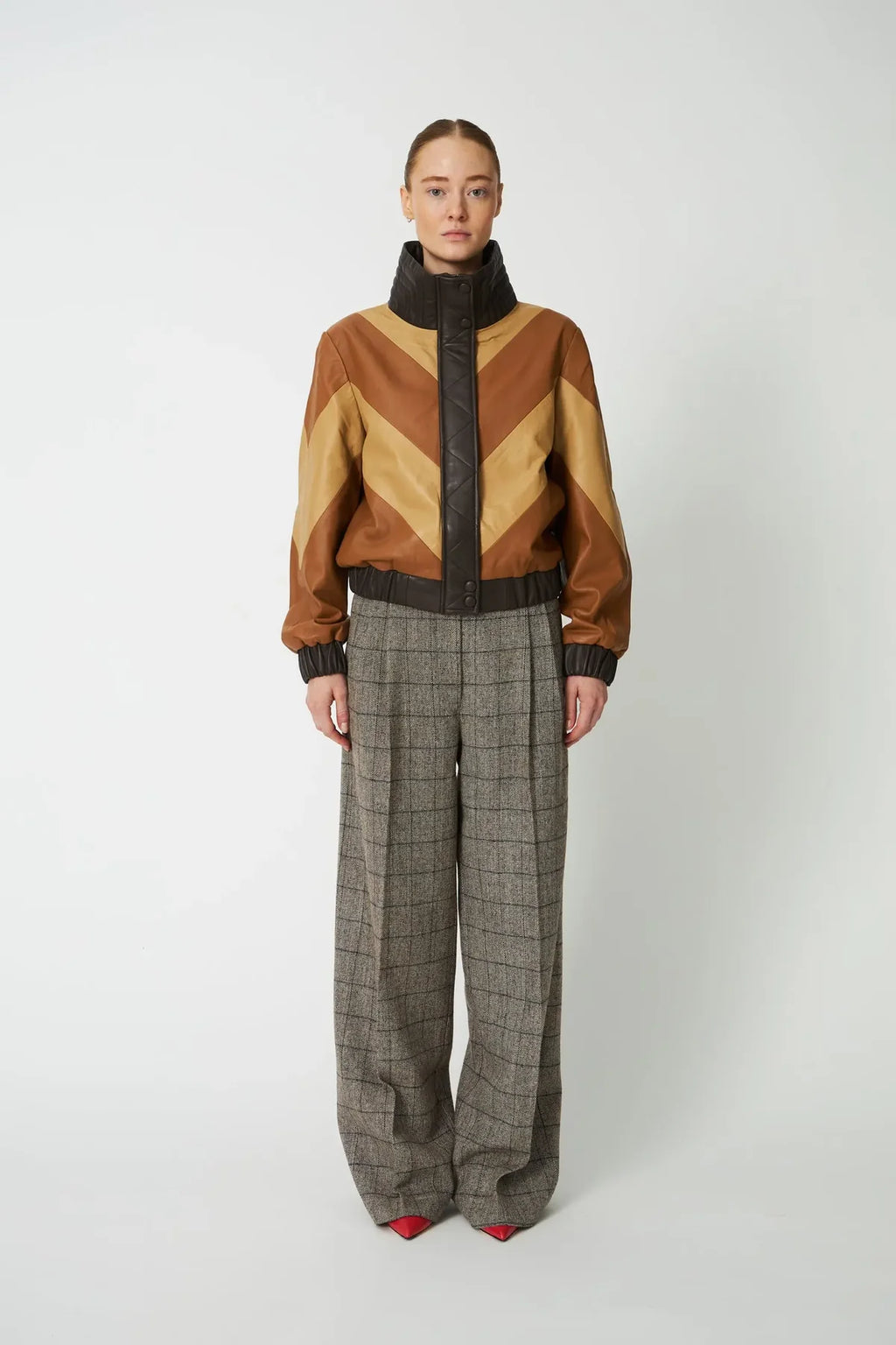 Brown Patchwork Leather Bomber Jacket
