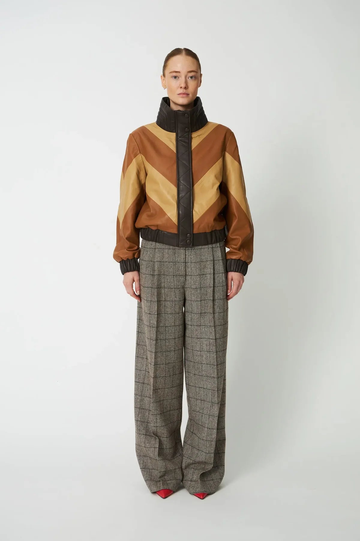 Brown Patchwork Leather Bomber Jacket