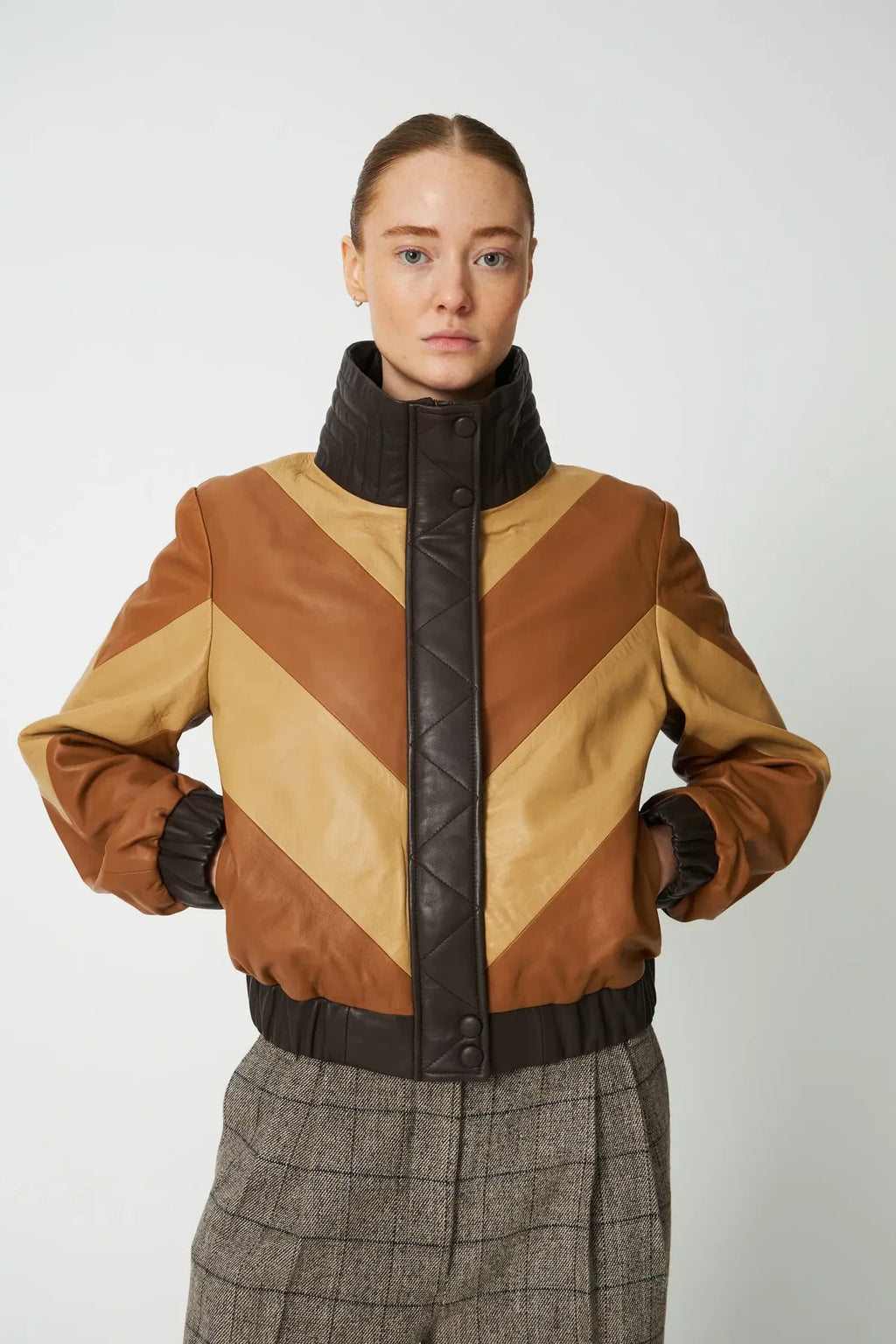 Brown Patchwork Leather Bomber Jacket