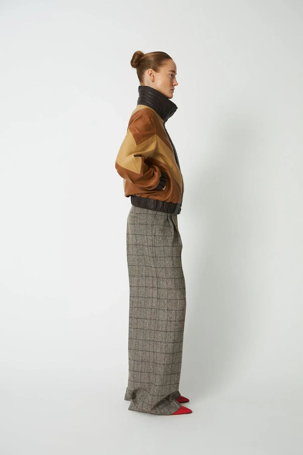 Brown Patchwork Leather Bomber Jacket
