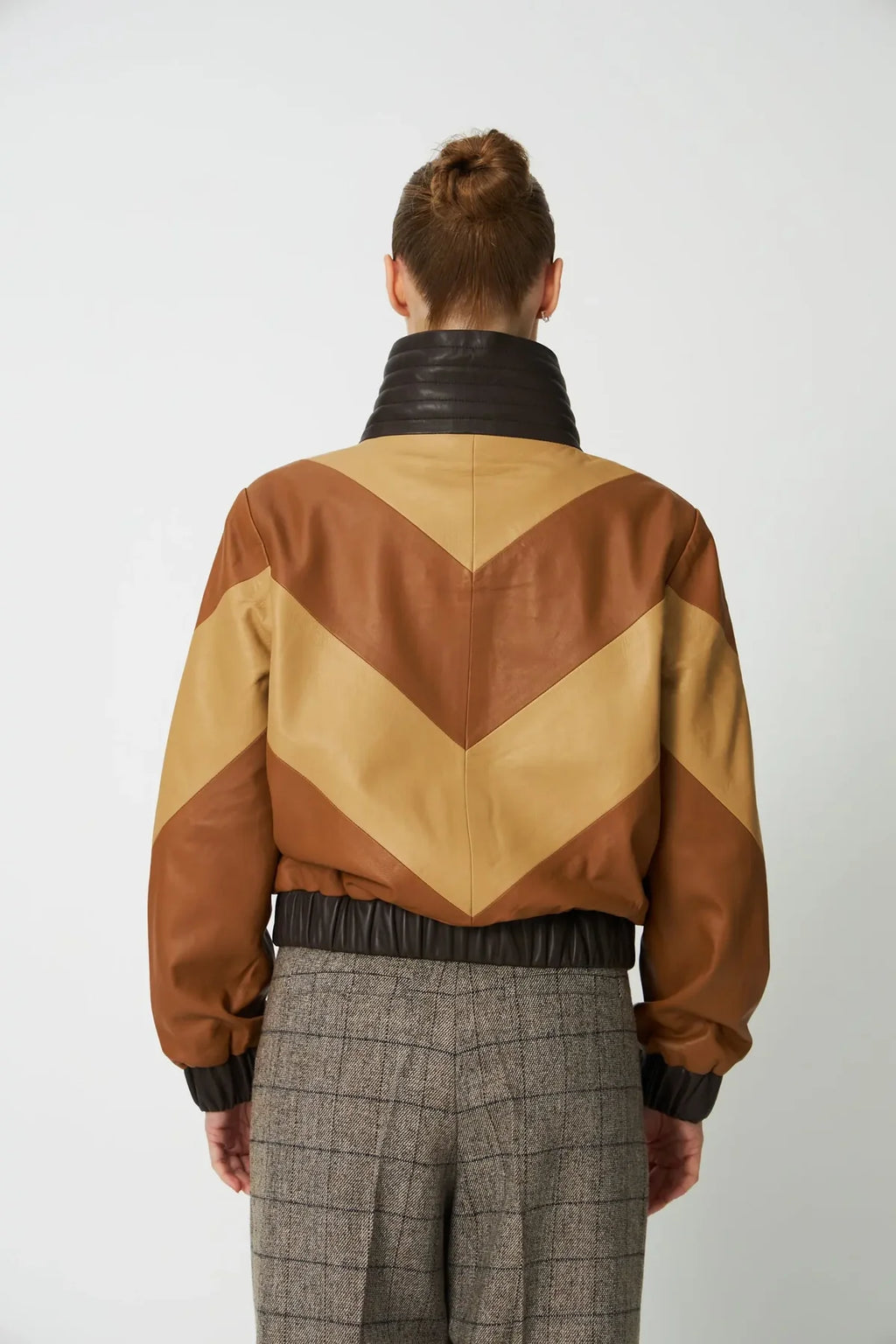 Brown Patchwork Leather Bomber Jacket