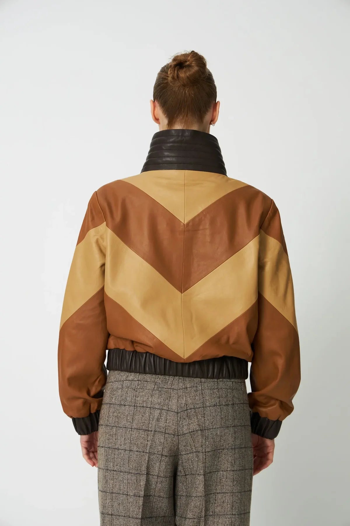 Brown Patchwork Leather Bomber Jacket