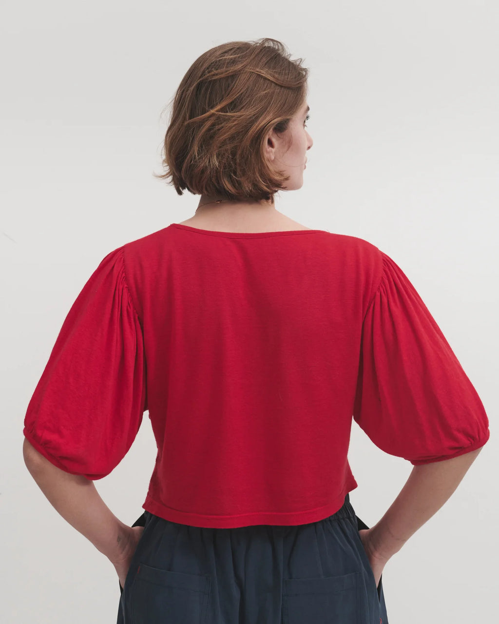 Red Linen Puff Sleeve T-Shirt