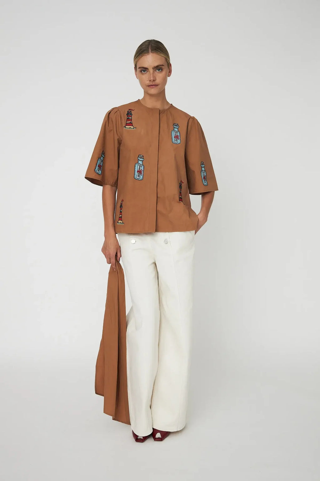 Brown Embroidered Bow Shirt