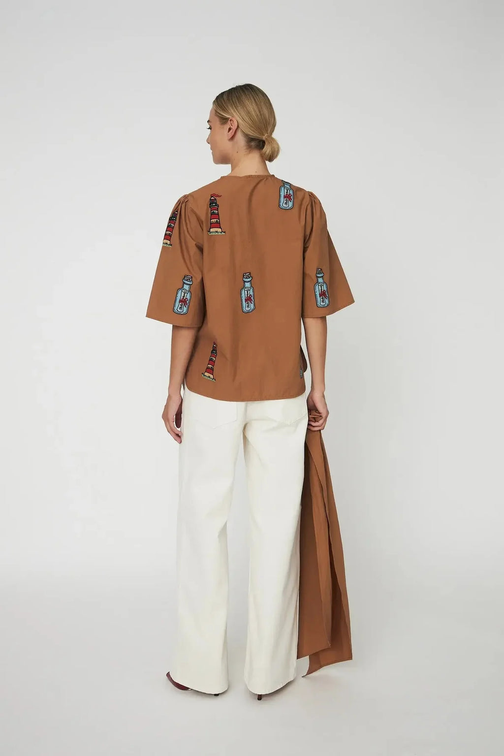 Brown Embroidered Bow Shirt