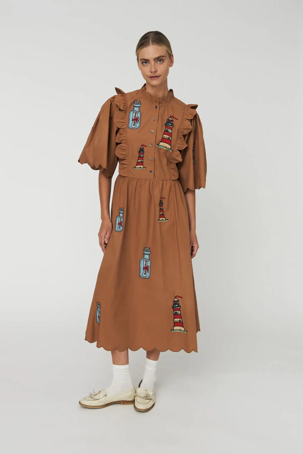 Brown Embroidered Dress with Scallops- Last One