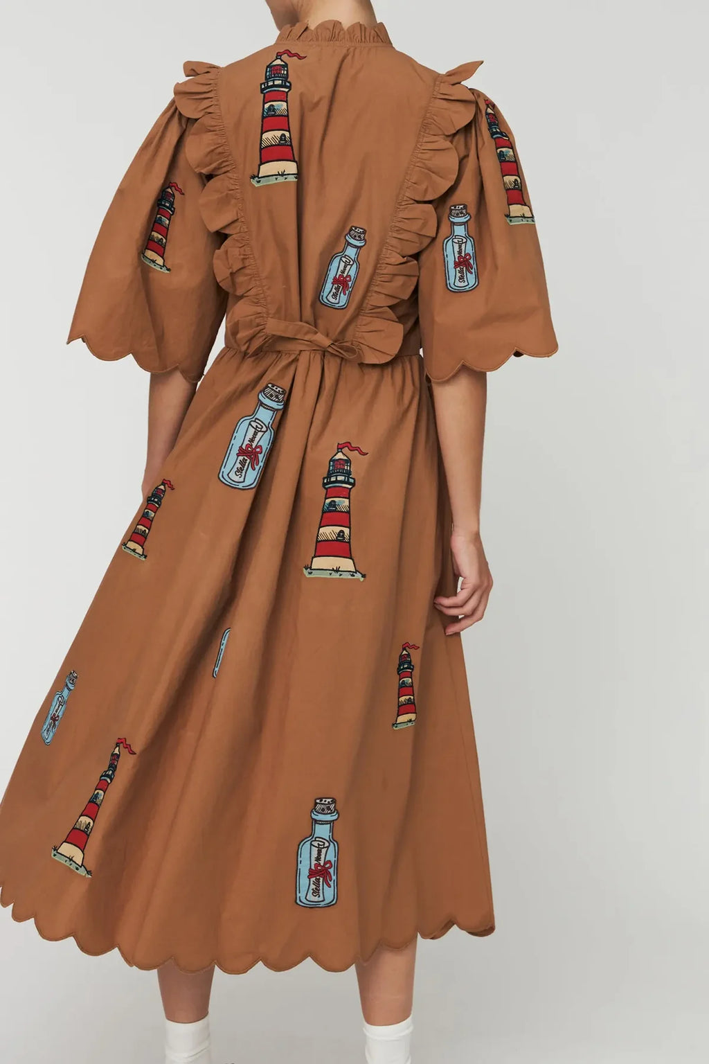 Brown Embroidered Dress with Scallops- Last One