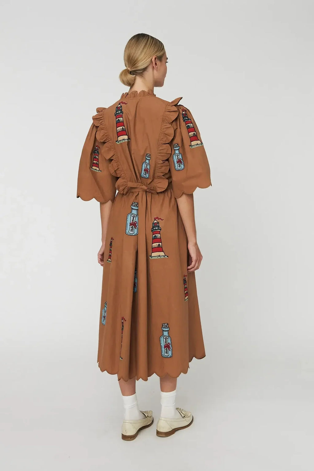 Brown Embroidered Dress with Scallops- Last One