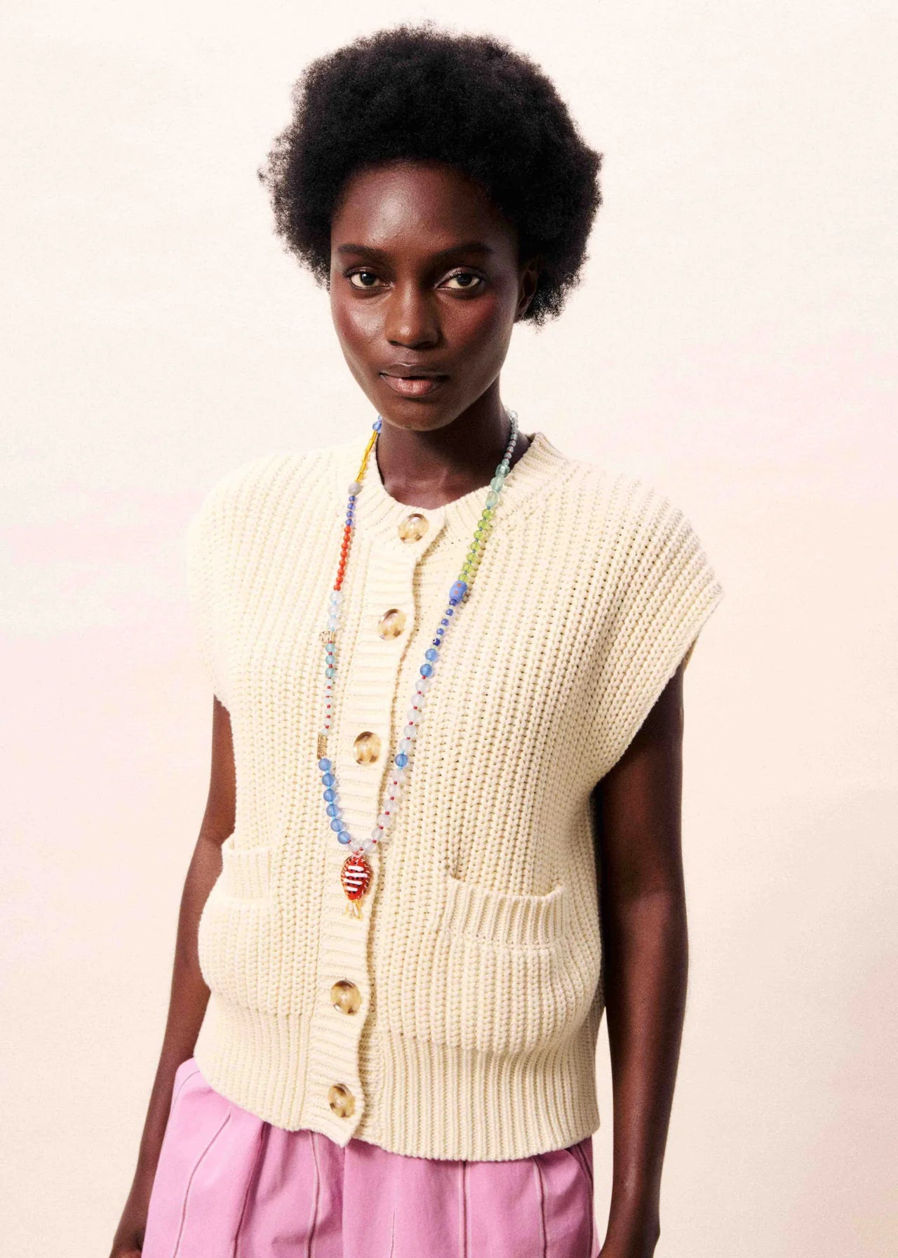 Cream Sleeveless Knitted Vest