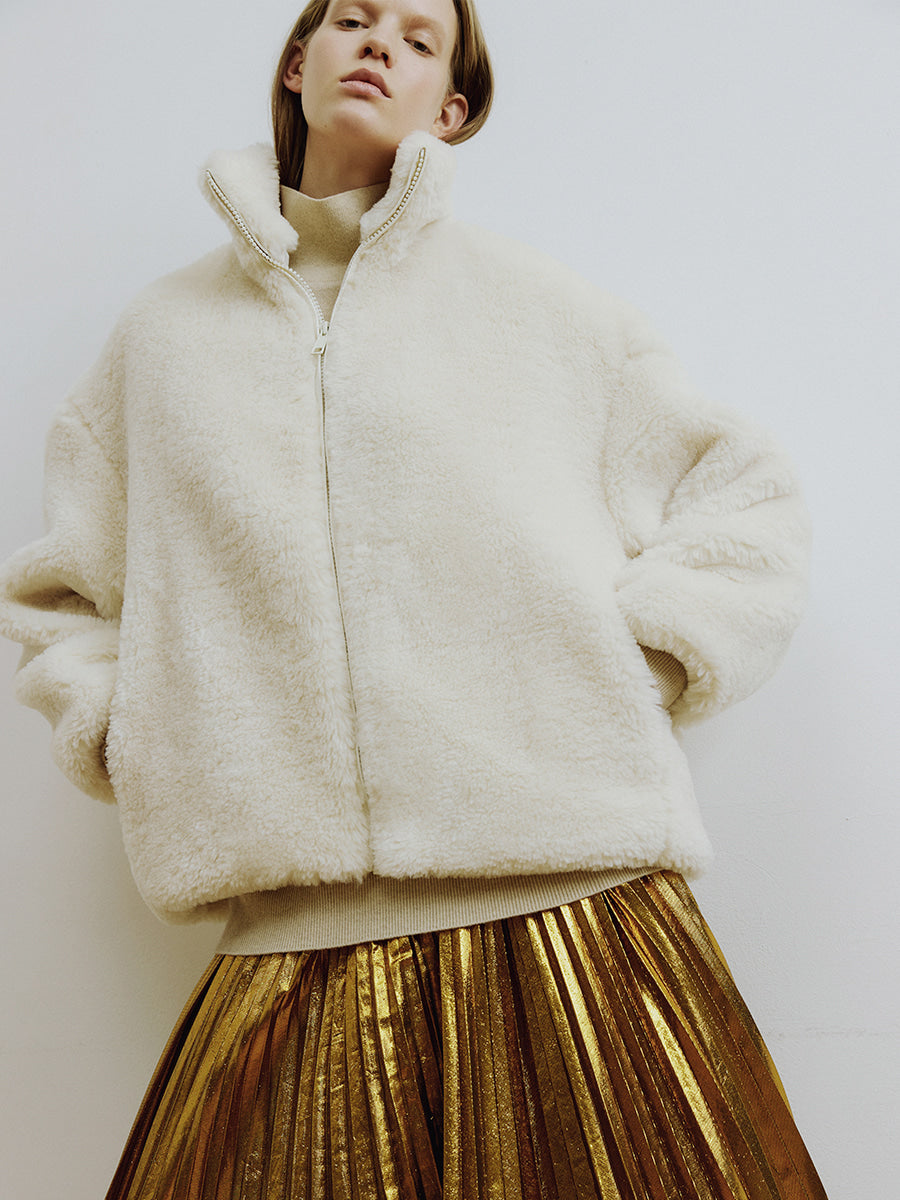 Ivory Oversized Zip-up Faux Fur Anorak Jumper
