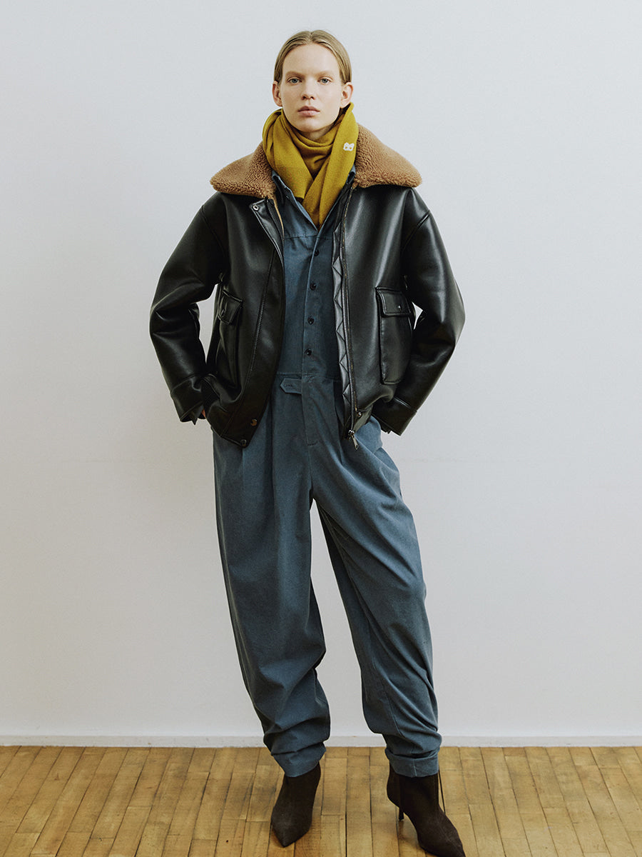 Black Woven Mix Faux Fur Collar Jacket