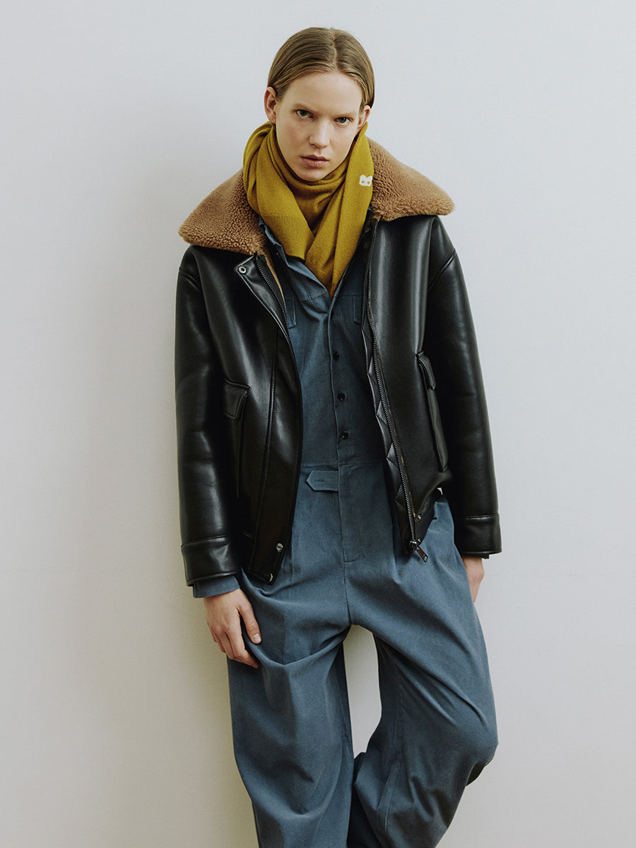 Black Woven Mix Faux Fur Collar Jacket