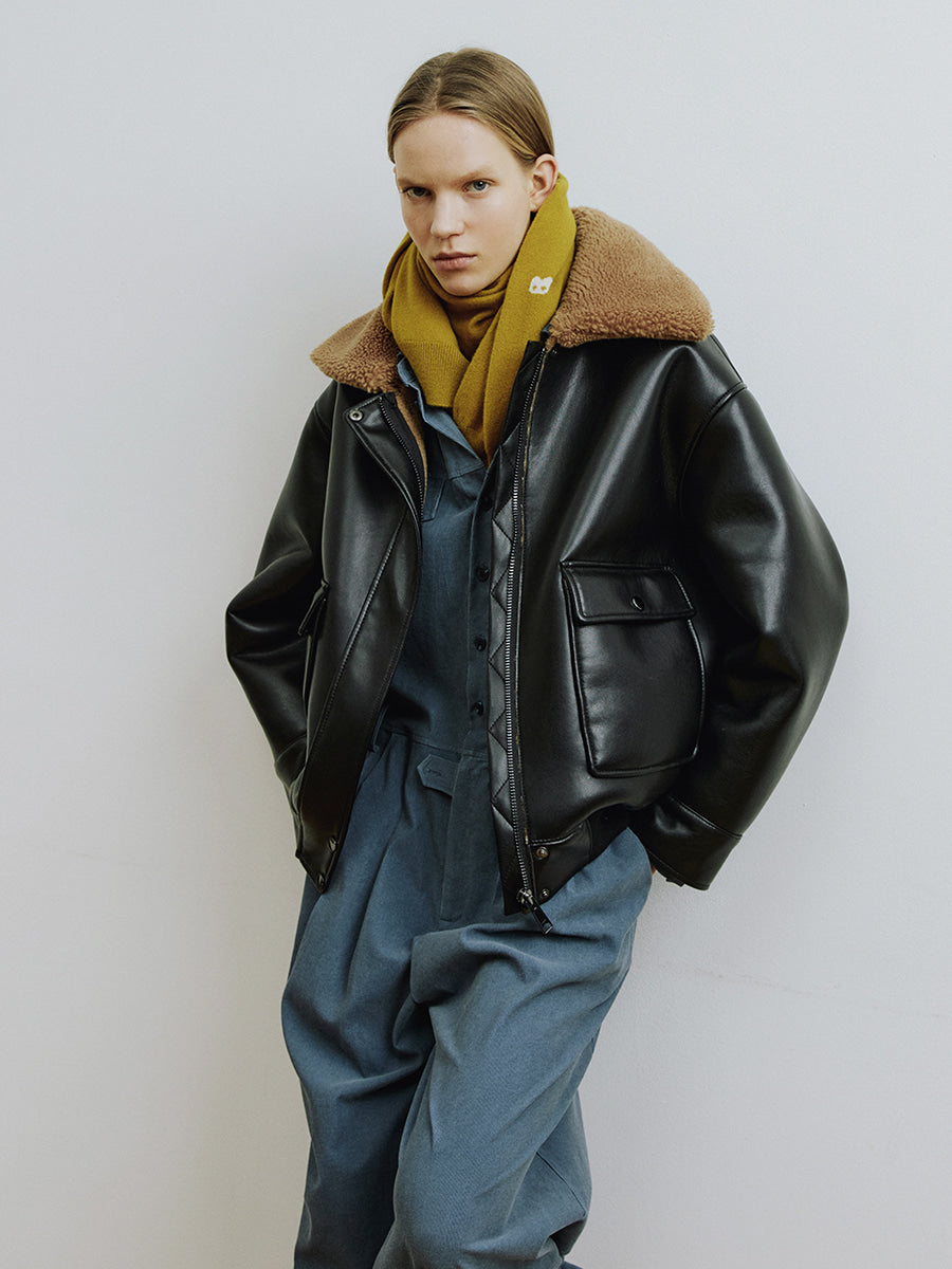 Black Woven Mix Faux Fur Collar Jacket