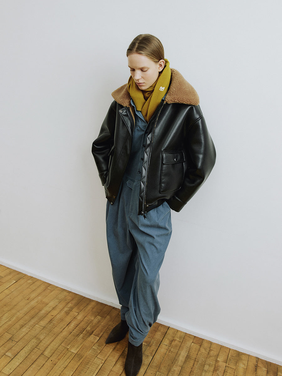 Black Woven Mix Faux Fur Collar Jacket