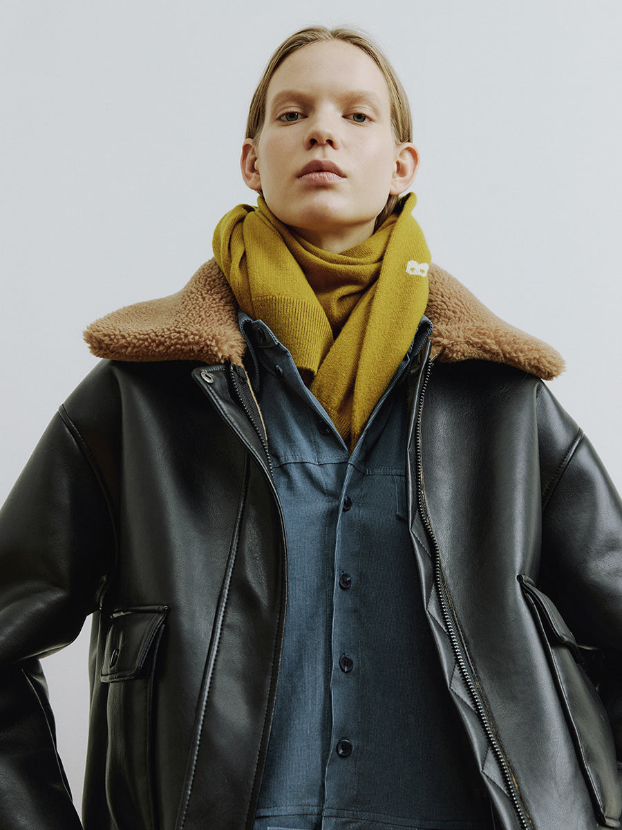 Black Woven Mix Faux Fur Collar Jacket