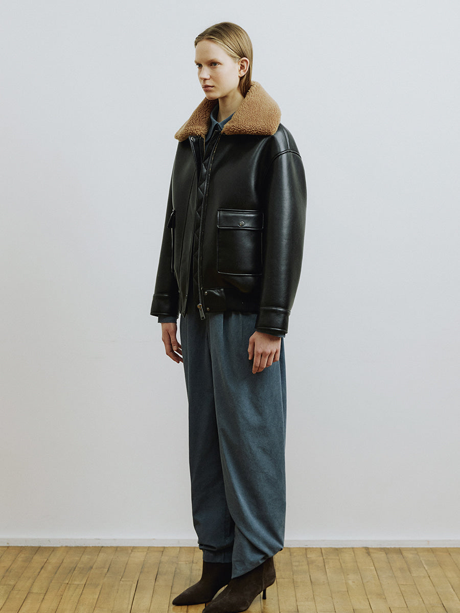 Black Woven Mix Faux Fur Collar Jacket