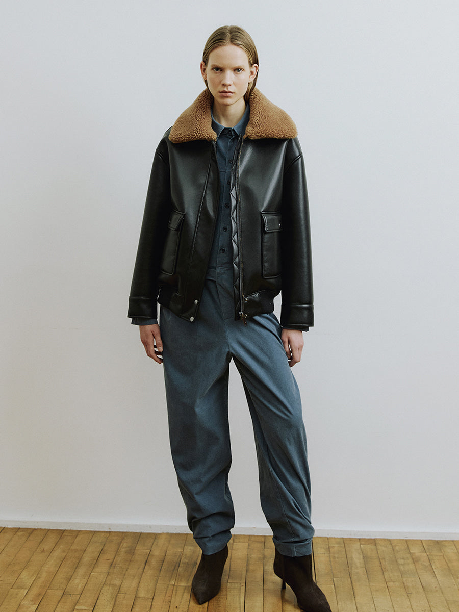 Black Woven Mix Faux Fur Collar Jacket