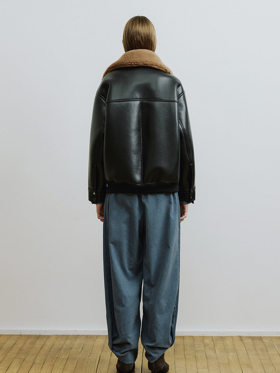 Black Woven Mix Faux Fur Collar Jacket
