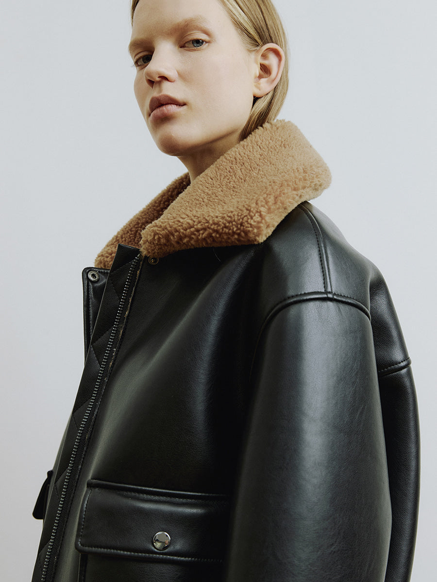 Black Woven Mix Faux Fur Collar Jacket
