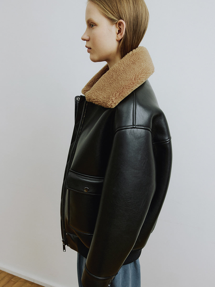 Black Woven Mix Faux Fur Collar Jacket