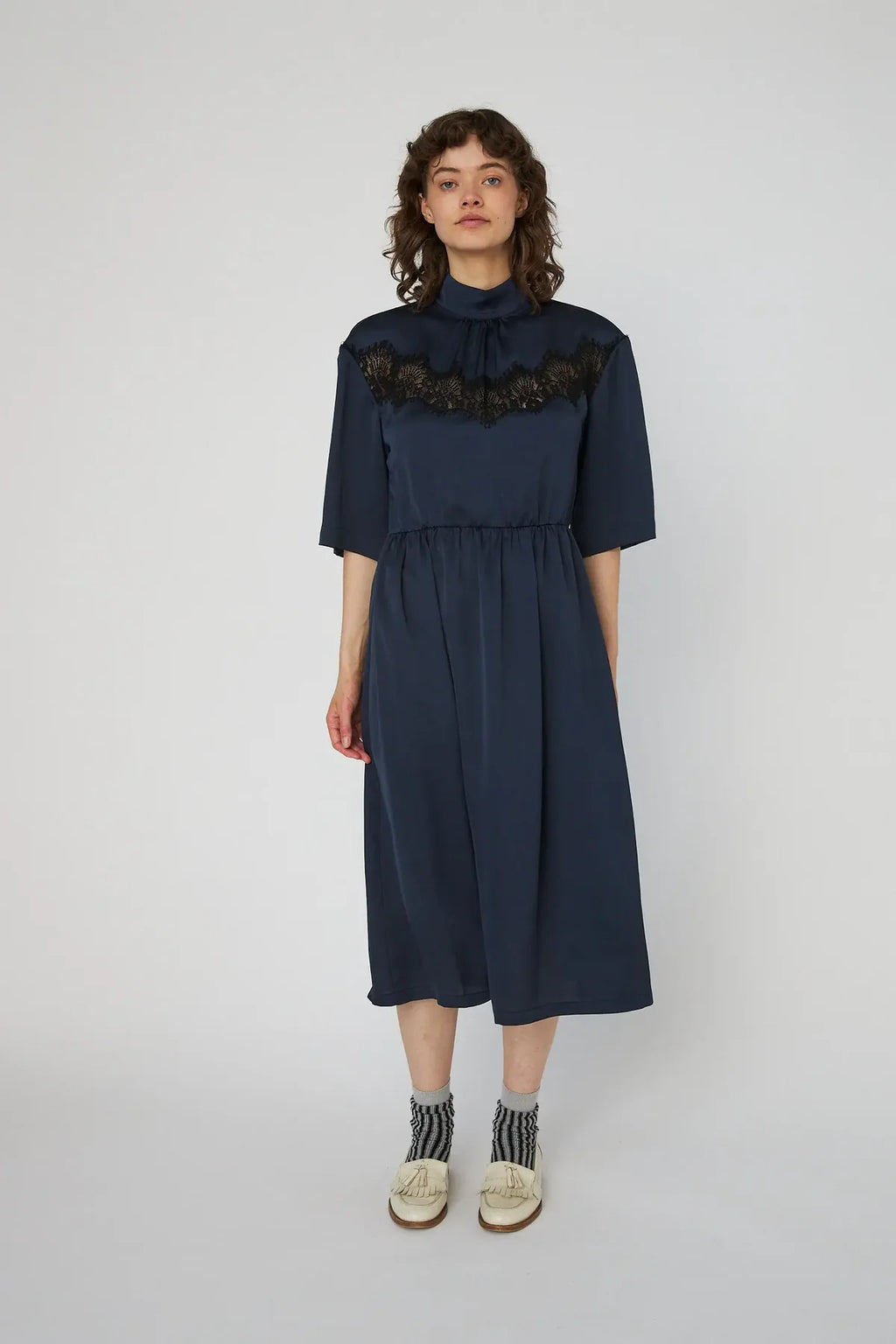 Navy Delicate Lace Midi Dress