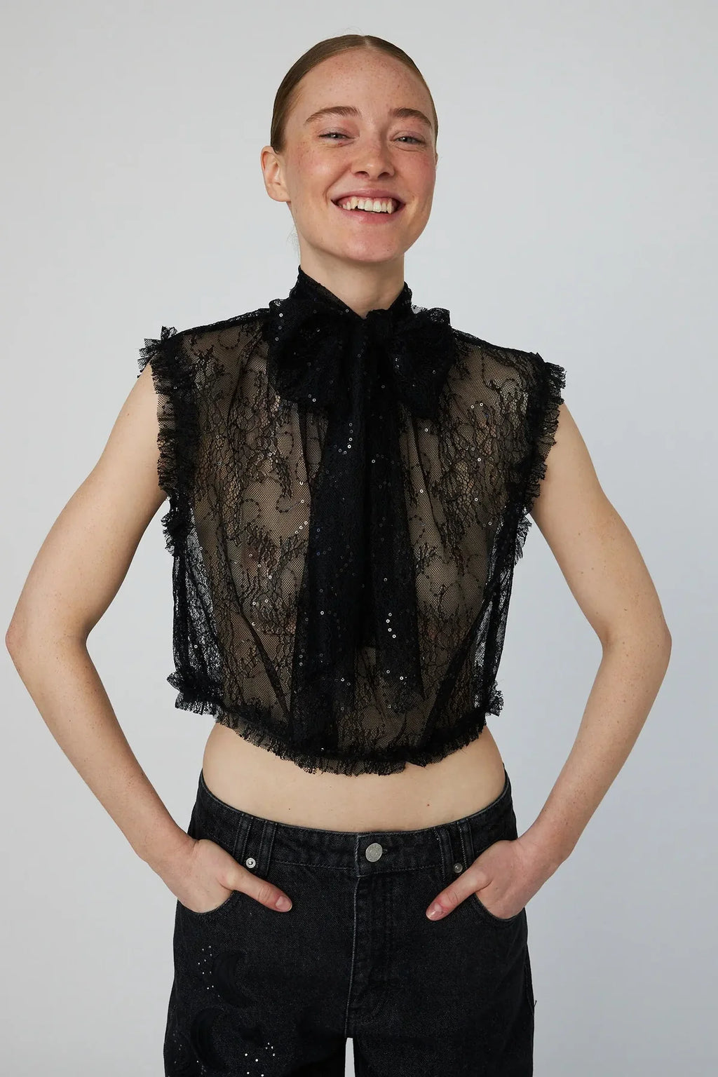 Black Sheer Cropped Lace Top