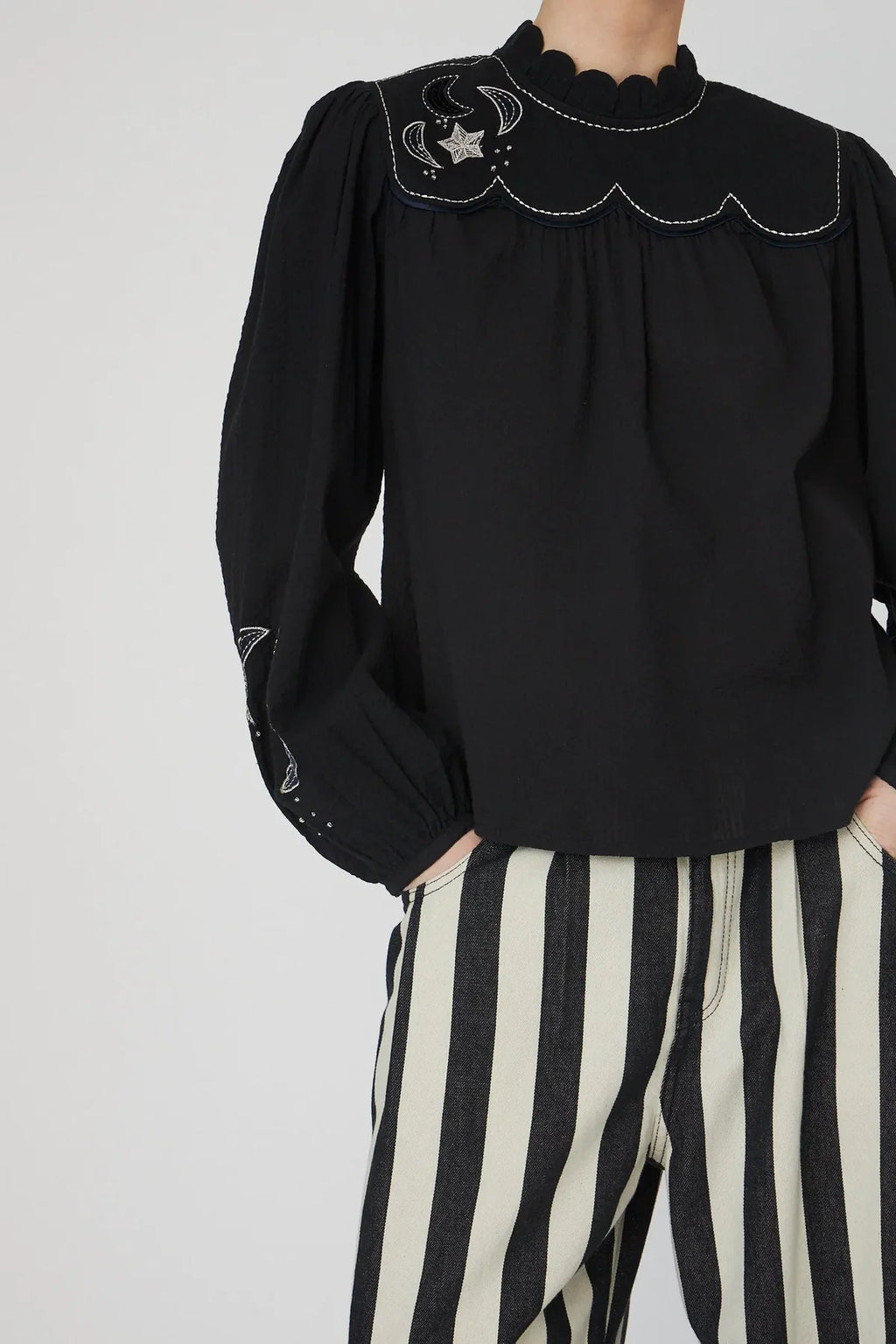 Black Moon And Star Embroidered Blouse