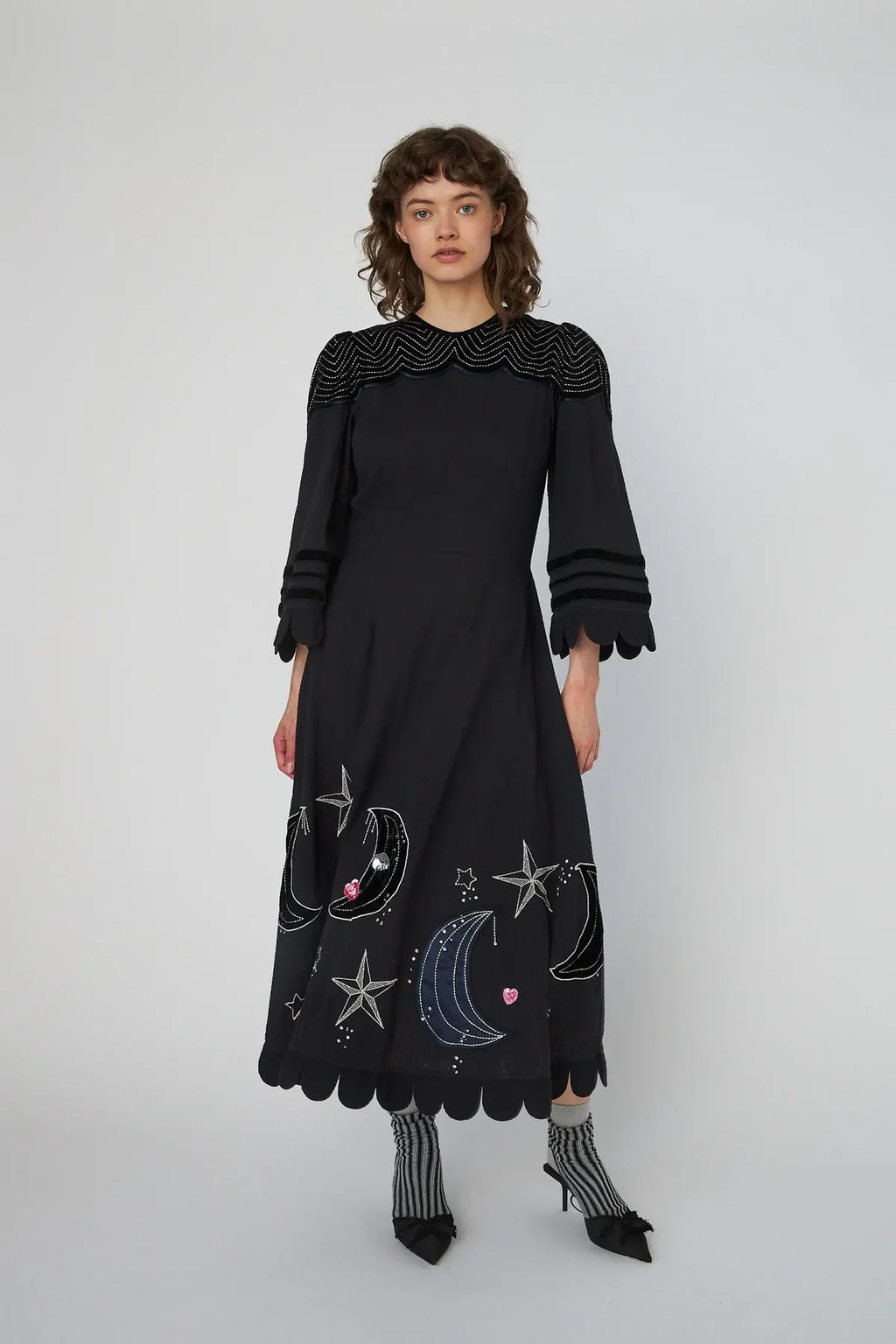 Black Moon And Star Embroidered Midi Dress - Last One (size 38)