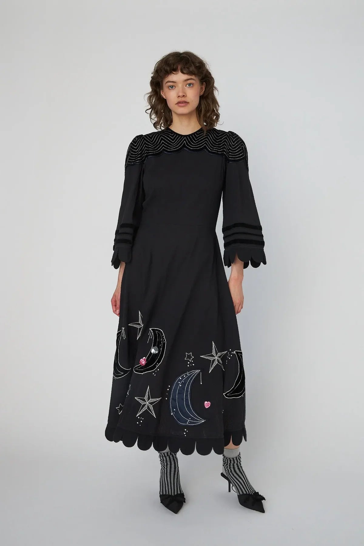 Black Moon And Star Embroidered Midi Dress - Last One (size 38)