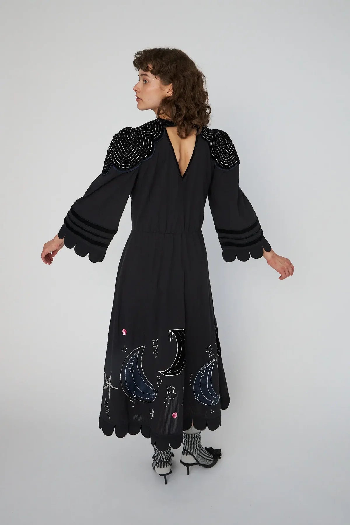 Black Moon And Star Embroidered Midi Dress - Last One (size 38)