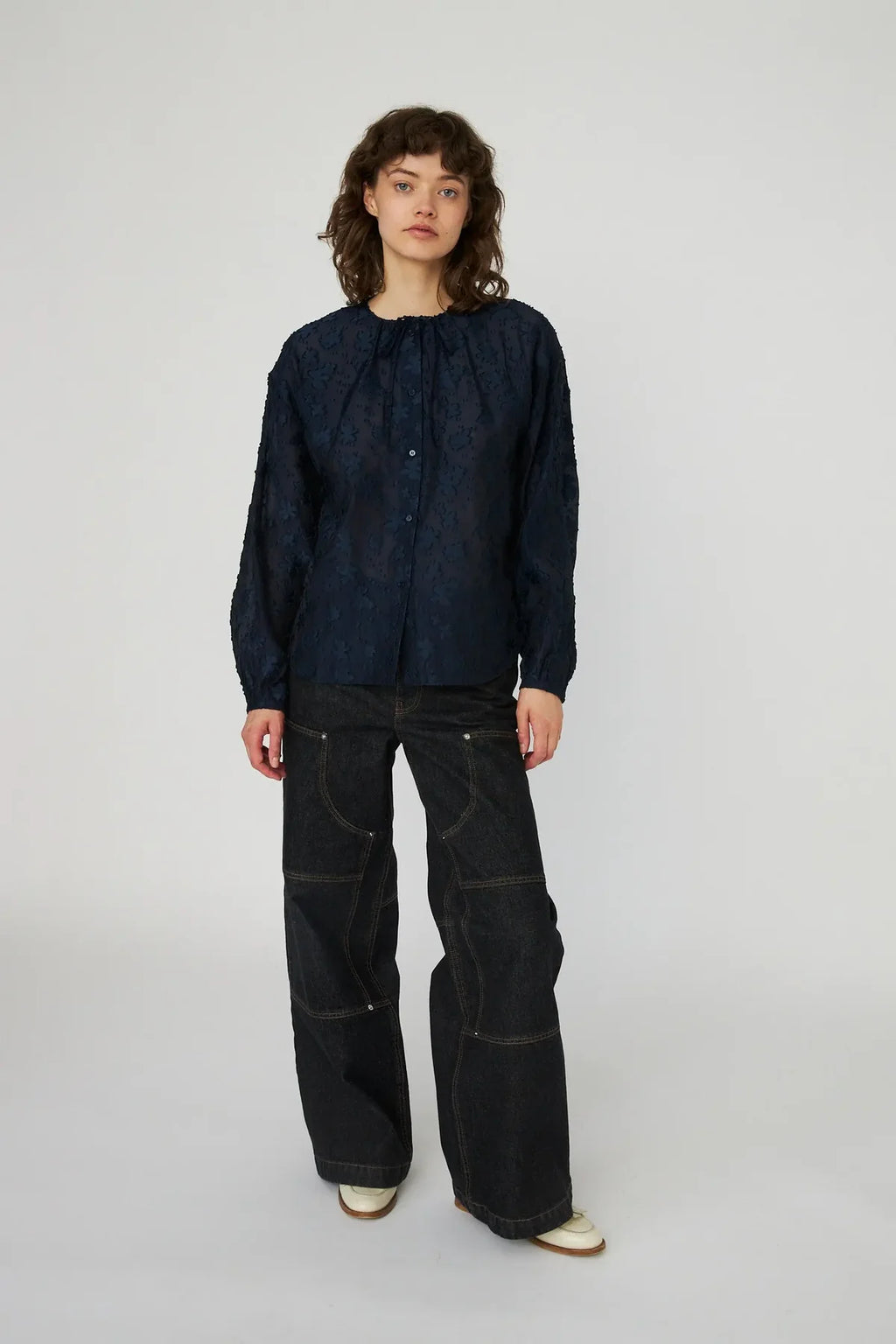 Navy Floral Jacquard Loose Shirt