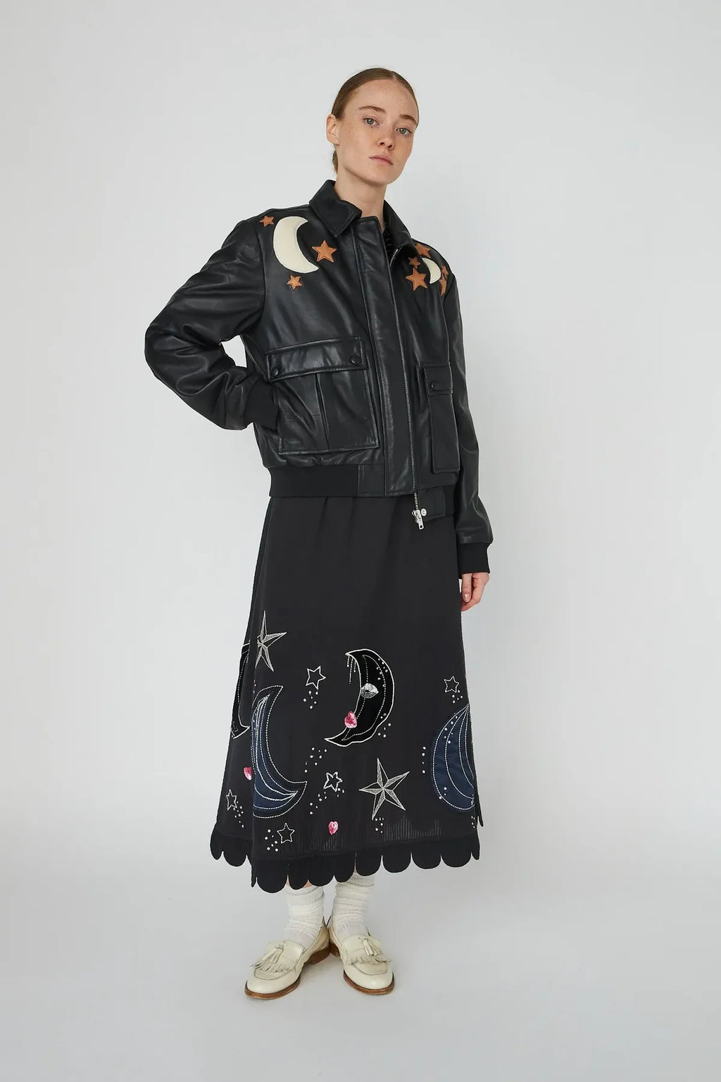 Black Starlight Leather Bomber Jacket