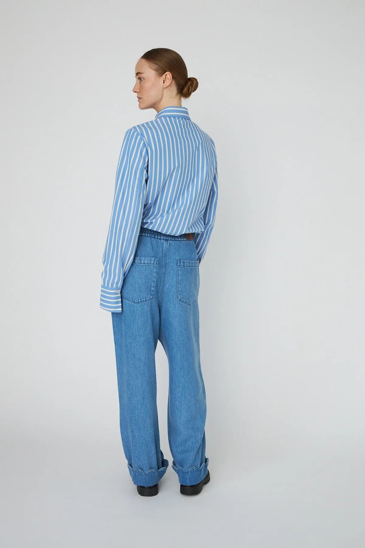 Washed Blue Low Waist Pants with Scallop Edge