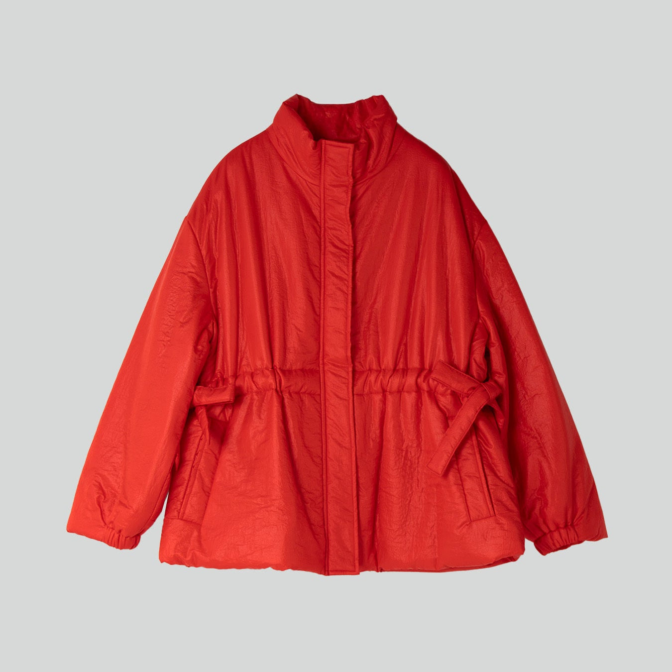 Ribbon Shirring Puffer Jacket Red
