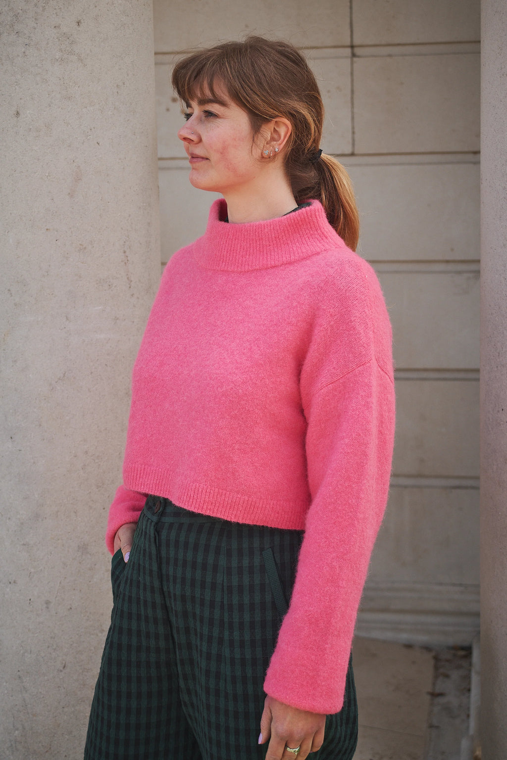 Pink Cropped Funnel Neck Jumper