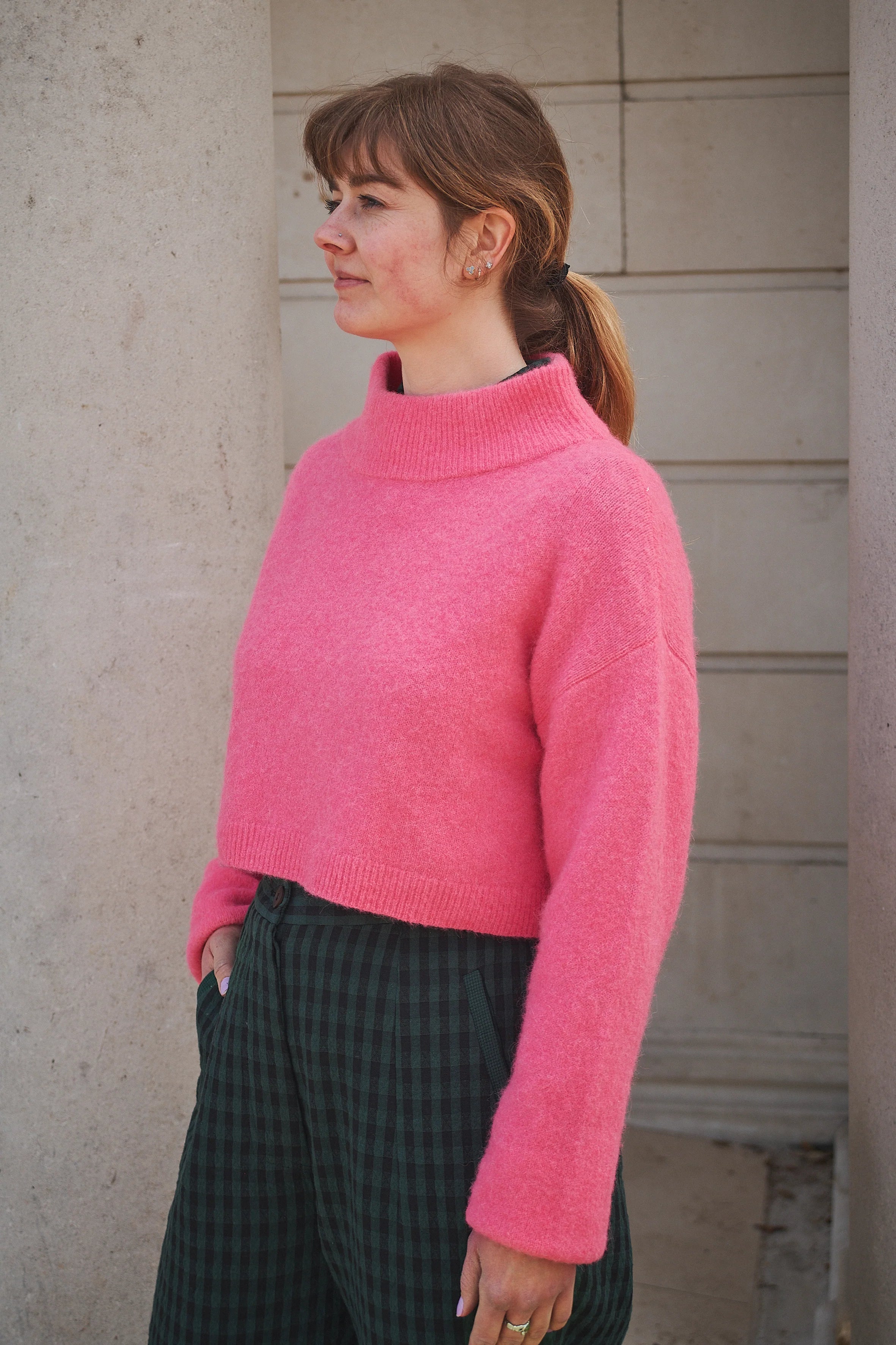 Pink Cropped Funnel Neck Jumper